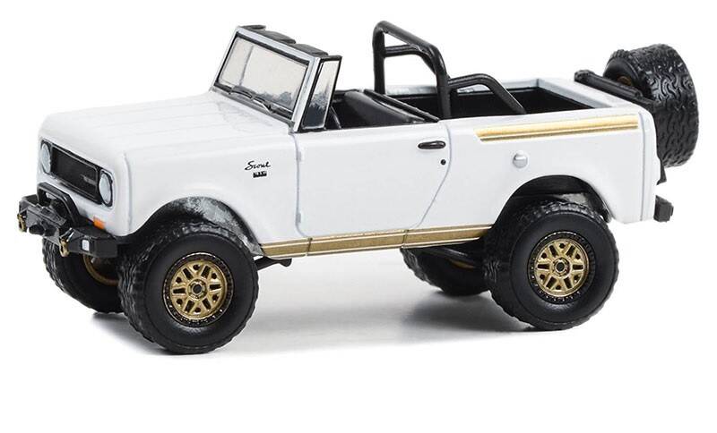 Greenlight 1/64 All-Terrain Series 15- 1970 Harvester Scout Lifted with Off-Road Parts - White and Gold 35270-B