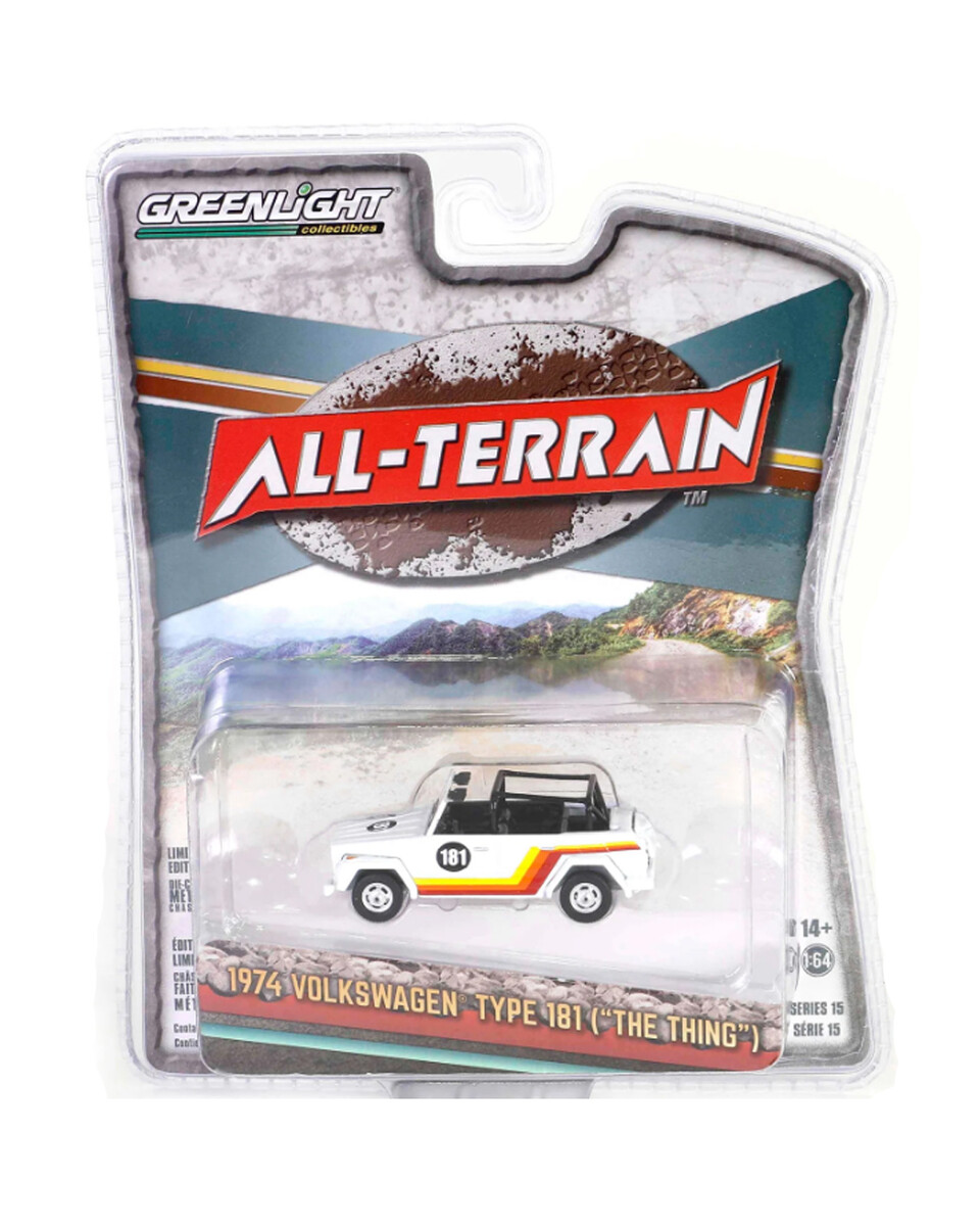 Greenlight 1/64 All-Terrain Series 15- 1974 Volkswagen Thing (Type 181) #181 - White with Red, Orange and Yellow Stripes 35270-C - Thumbnail