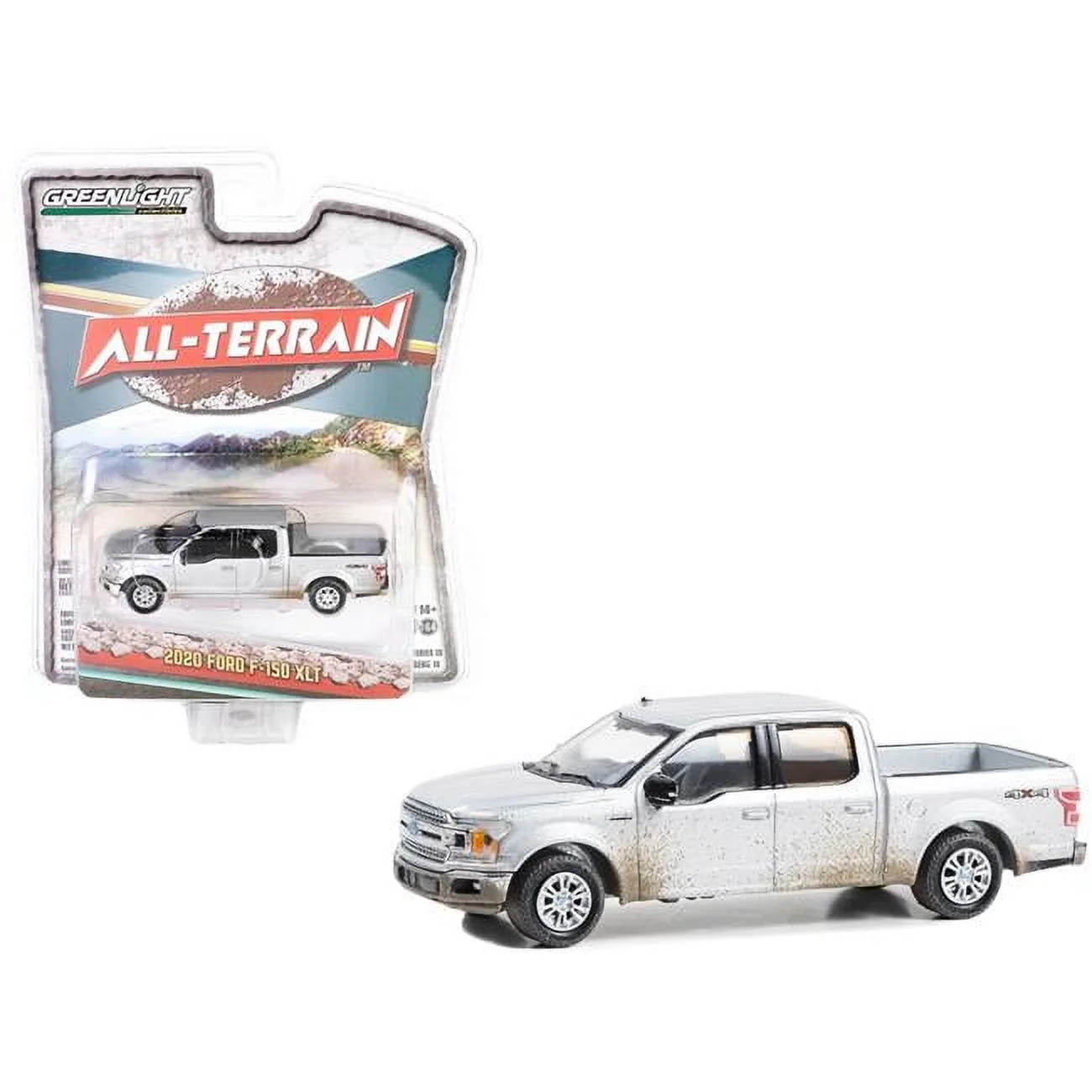 Greenlight 1/64 All-Terrain Series 15- 2020 Ford F-150 SuperCrew - Iconic Silver with Mud Spray 35270-F - Thumbnail