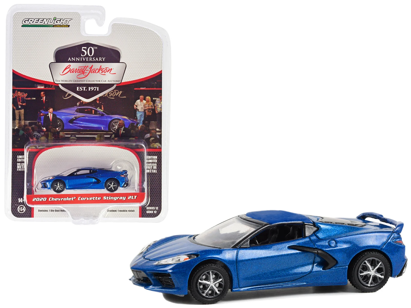 Greenlight 1/64 Barrett-Jackson 'Scottsdale Edition' Series 12- 2020 Chevy Corvette C8 Stingray 2LT Rapid Blue Metallic 37290-E - Thumbnail