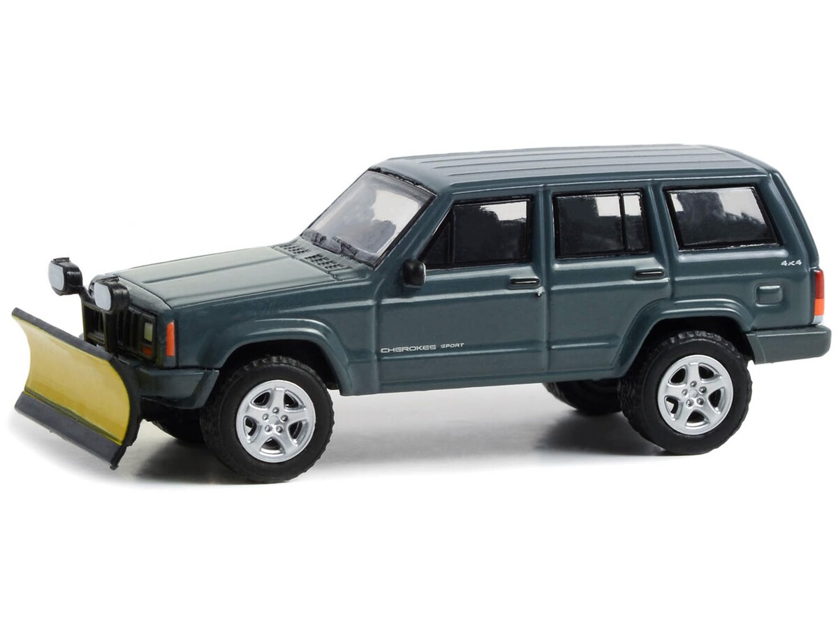 Greenlight 1/64 Blue Collar Collection Series 12- 2000 Jeep Cherokee Sport With Snow Plow Dark Blue 35260-E - Thumbnail