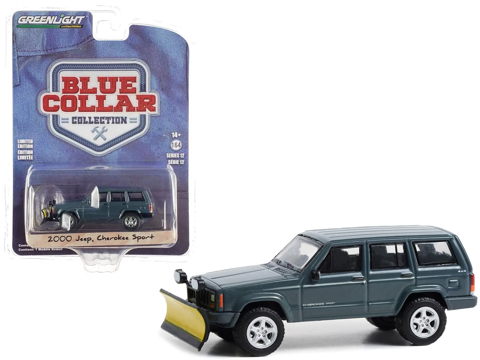 Greenlight 1/64 Blue Collar Collection Series 12- 2000 Jeep Cherokee Sport With Snow Plow Dark Blue 35260-E - Thumbnail