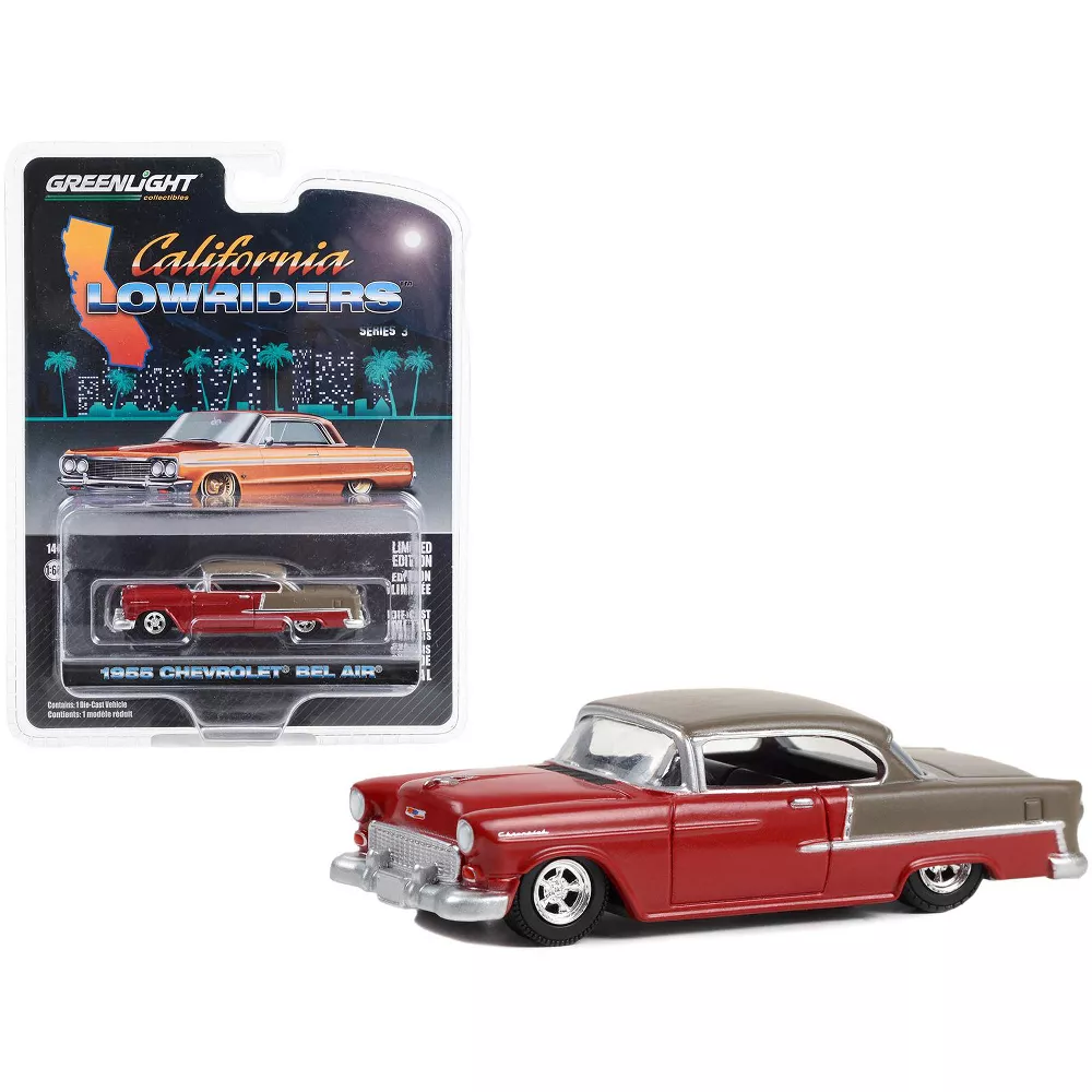 Greenlight 1/64 California Lowriders Series 3- 1955 Chevy Bel Air - Rojo rubí y bronce mate escala 63040-A - Thumbnail