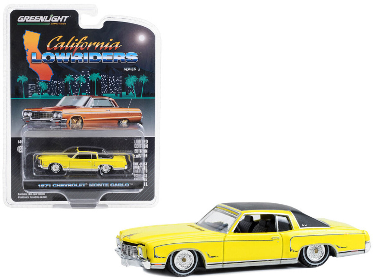Greenlight 1/64 California Lowriders Series 3- 1971 Chevy Monte Carlo - Sunflower Yellow with Black Roof 63040-C - Thumbnail