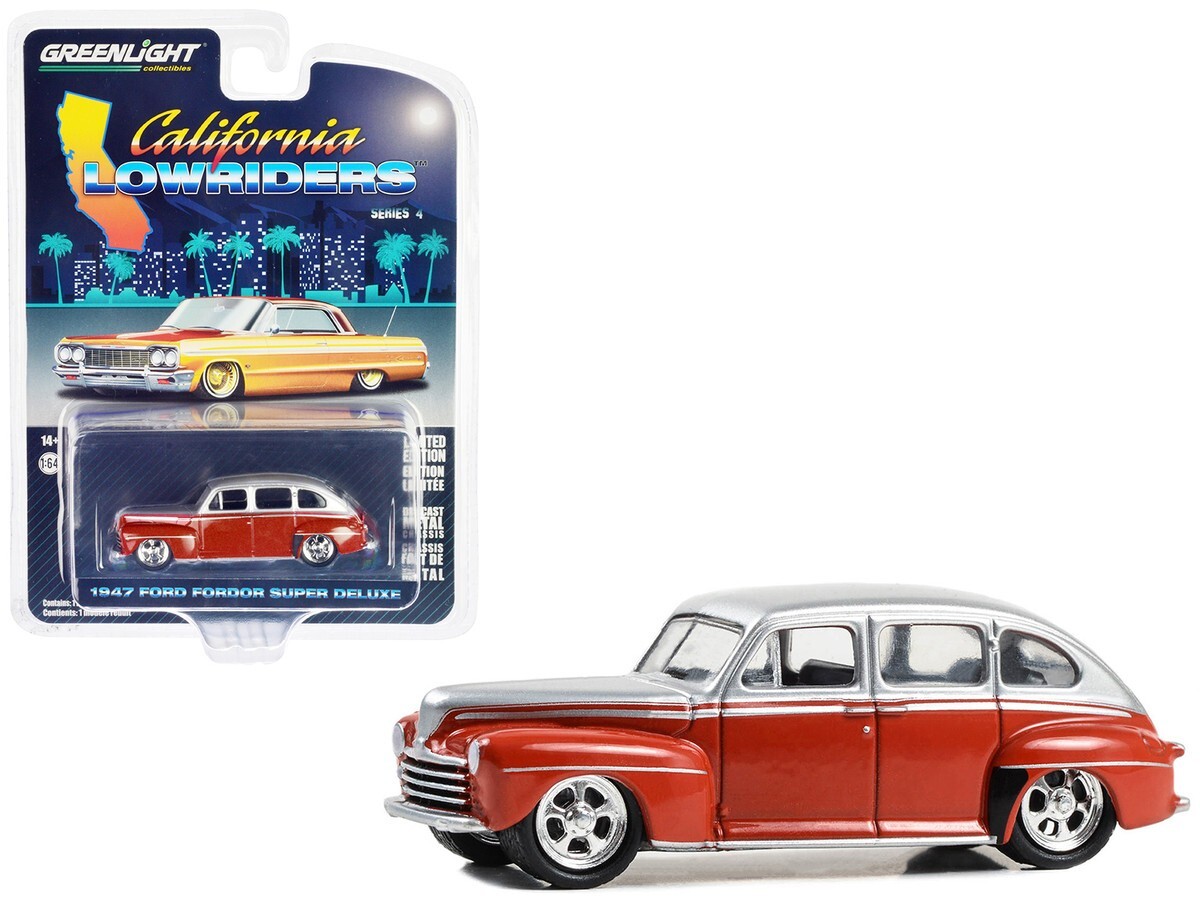 Greenlight 1/64 California Lowriders Series 4 - 1947 Ford Fordor Super Deluxe - Silver Metallic over Red Two-Tone 63050-A - Thumbnail
