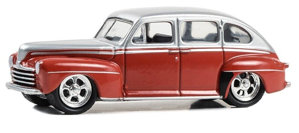 Greenlight 1/64 California Lowriders Series 4 - 1947 Ford Fordor Super Deluxe - Silver Metallic over Red Two-Tone 63050-A - Thumbnail