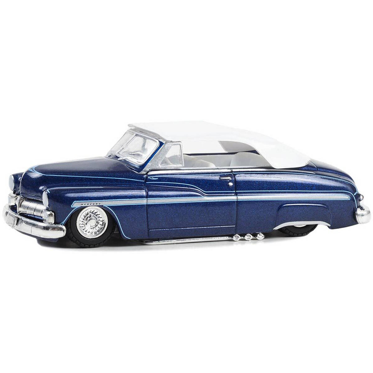 Greenlight 1/64 California Lowriders Series 4 - 1950 Mercury Eight Chopped Top Convertible - Dark Blue Metallic with Light Blue Pinstripes and White Top 63050-B