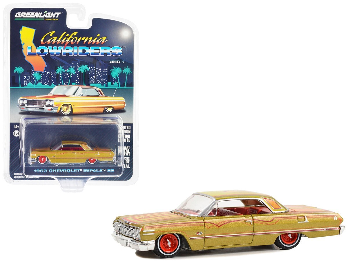 Greenlight 1/64 California Lowriders Series 4- 1963 Chevrolet Impala SS - Gold Metallic and Red 63050-C - Thumbnail
