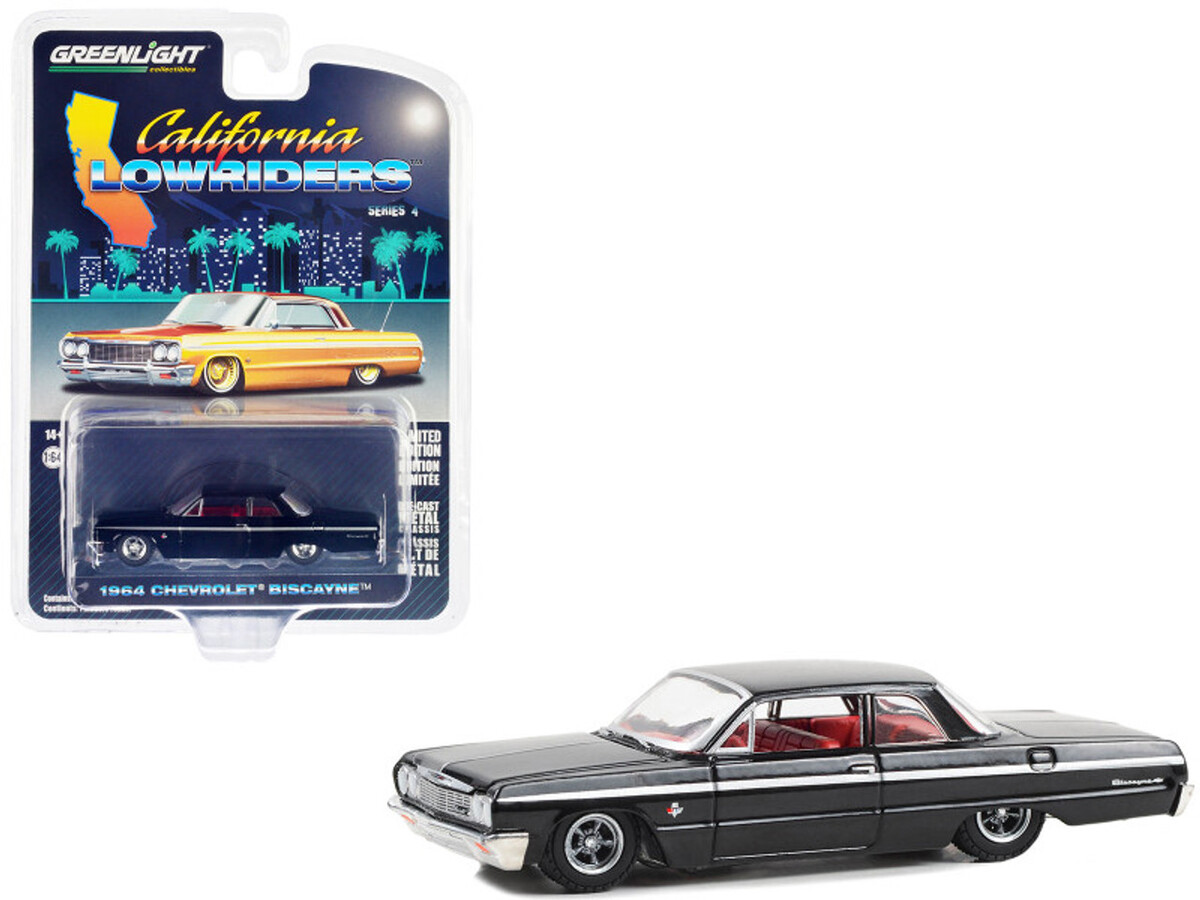 Greenlight 1/64 California Lowriders Series 4- 1964 Chevrolet Biscayne - Black with Red Interior 63050-D - Thumbnail