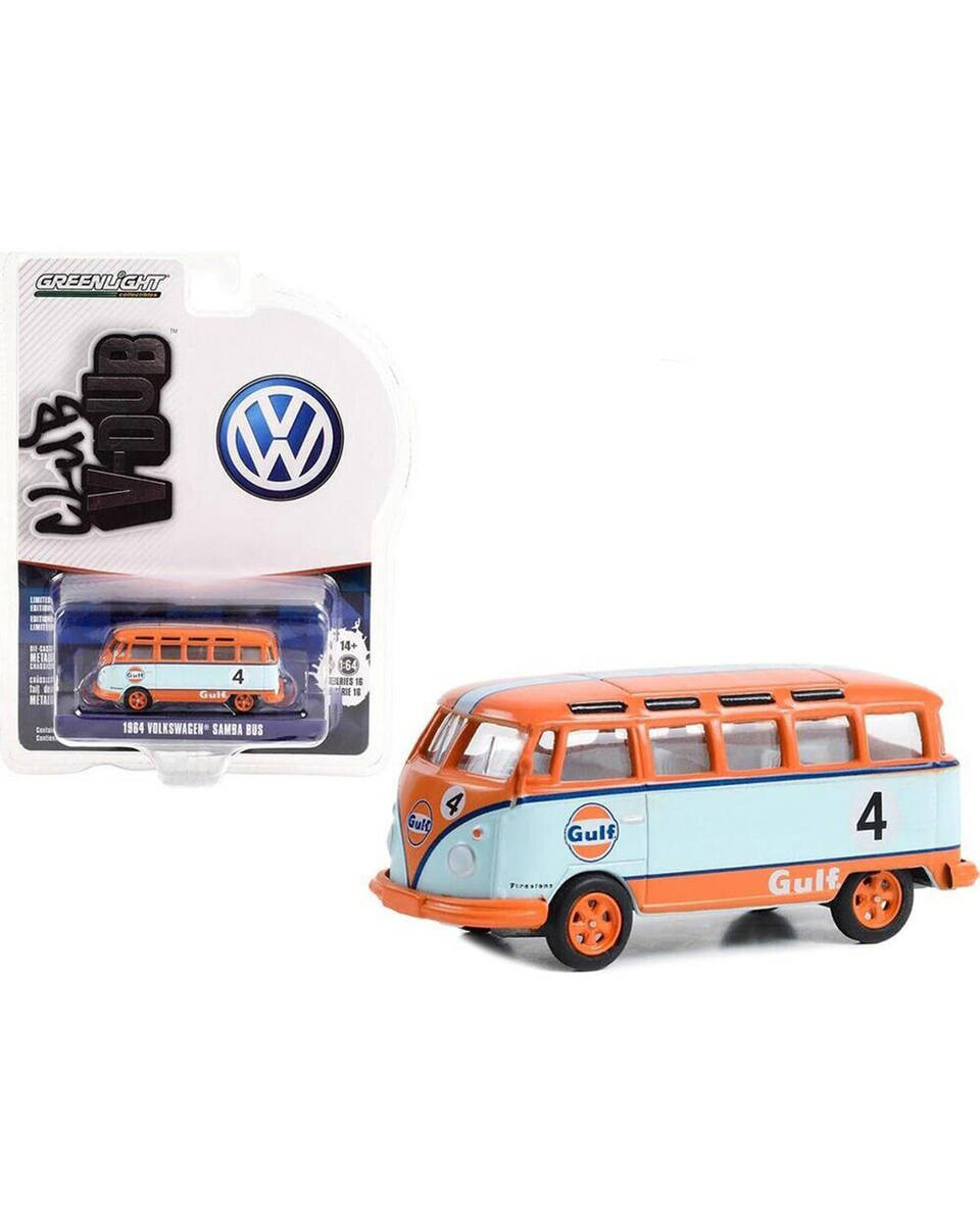 Greenlight 1:64 Club Vee-Dub Series 16 - 1964 Volkswagen Samba Bus - Gulf Oil Racing #4 Solid Pack 36070-B