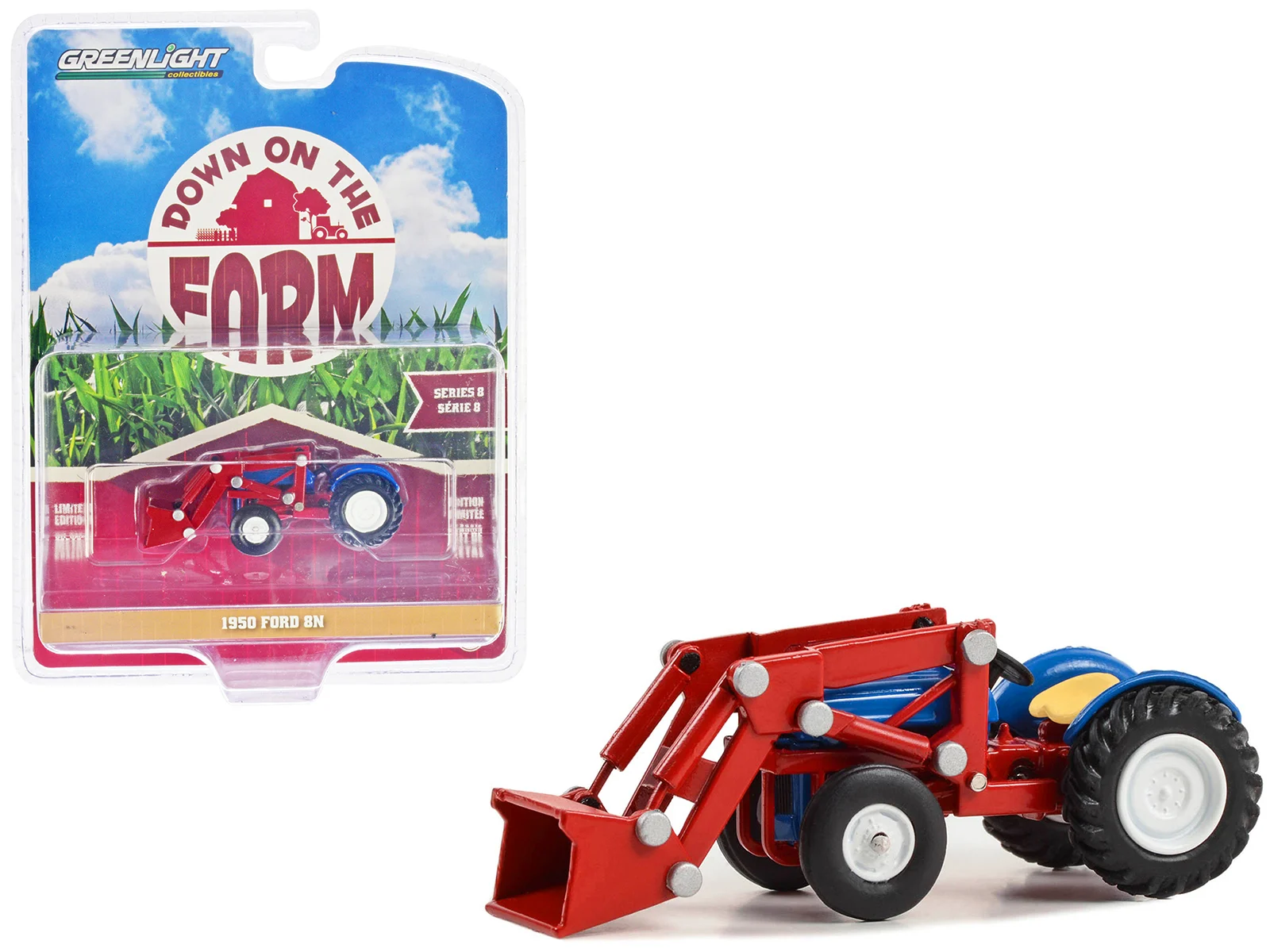 Greenlight 1/64 Down on the Farm Series 8 - 1950 Ford 8N - Blue and Red with Front Loader 48080-A - Thumbnail