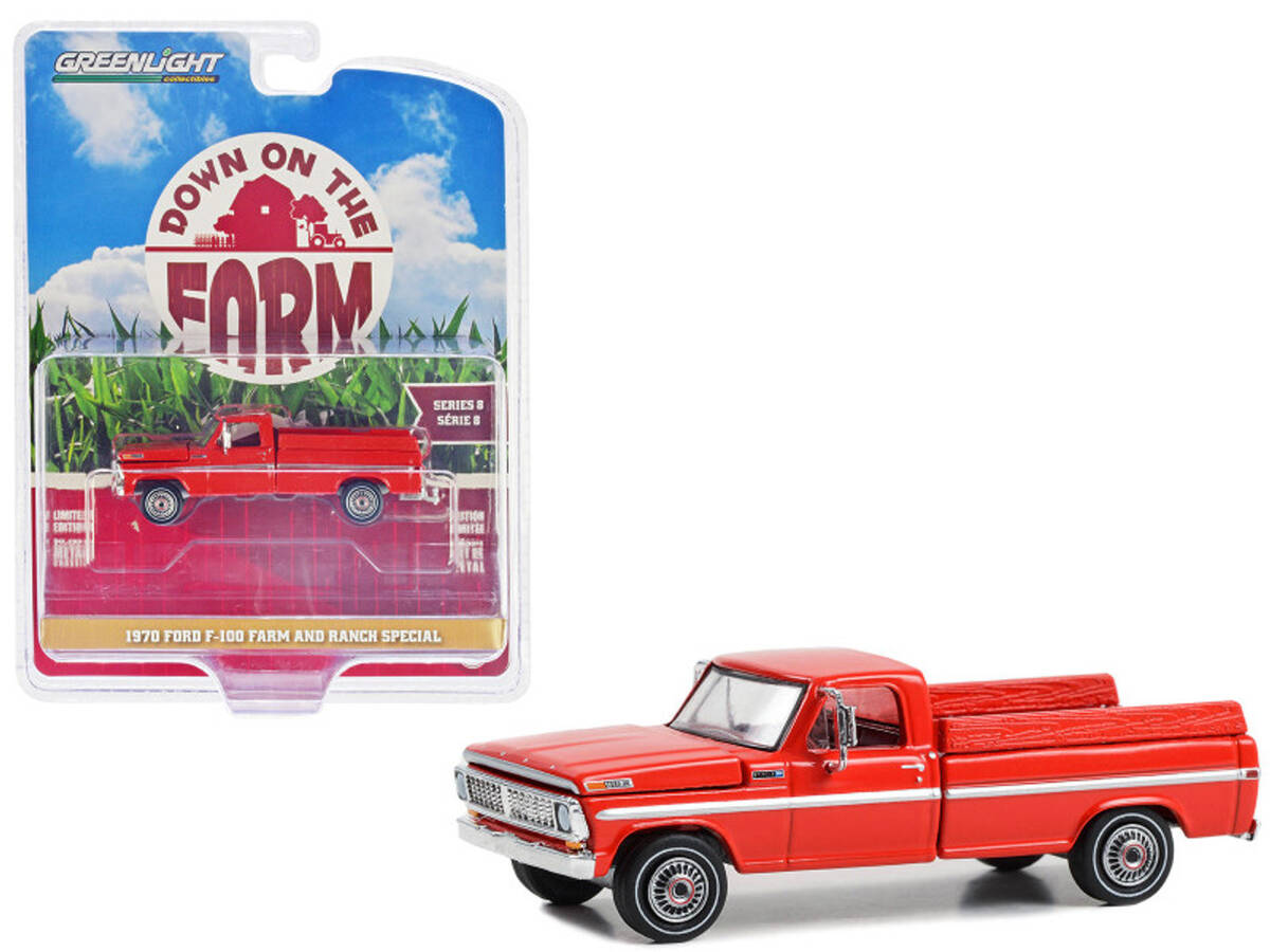 Greenlight 1/64 Down on the Farm Series 8 - 1970 Ford F-100 Farm and Ranch Special with Side Cargo Boards - Candy Apple Red 48080-B