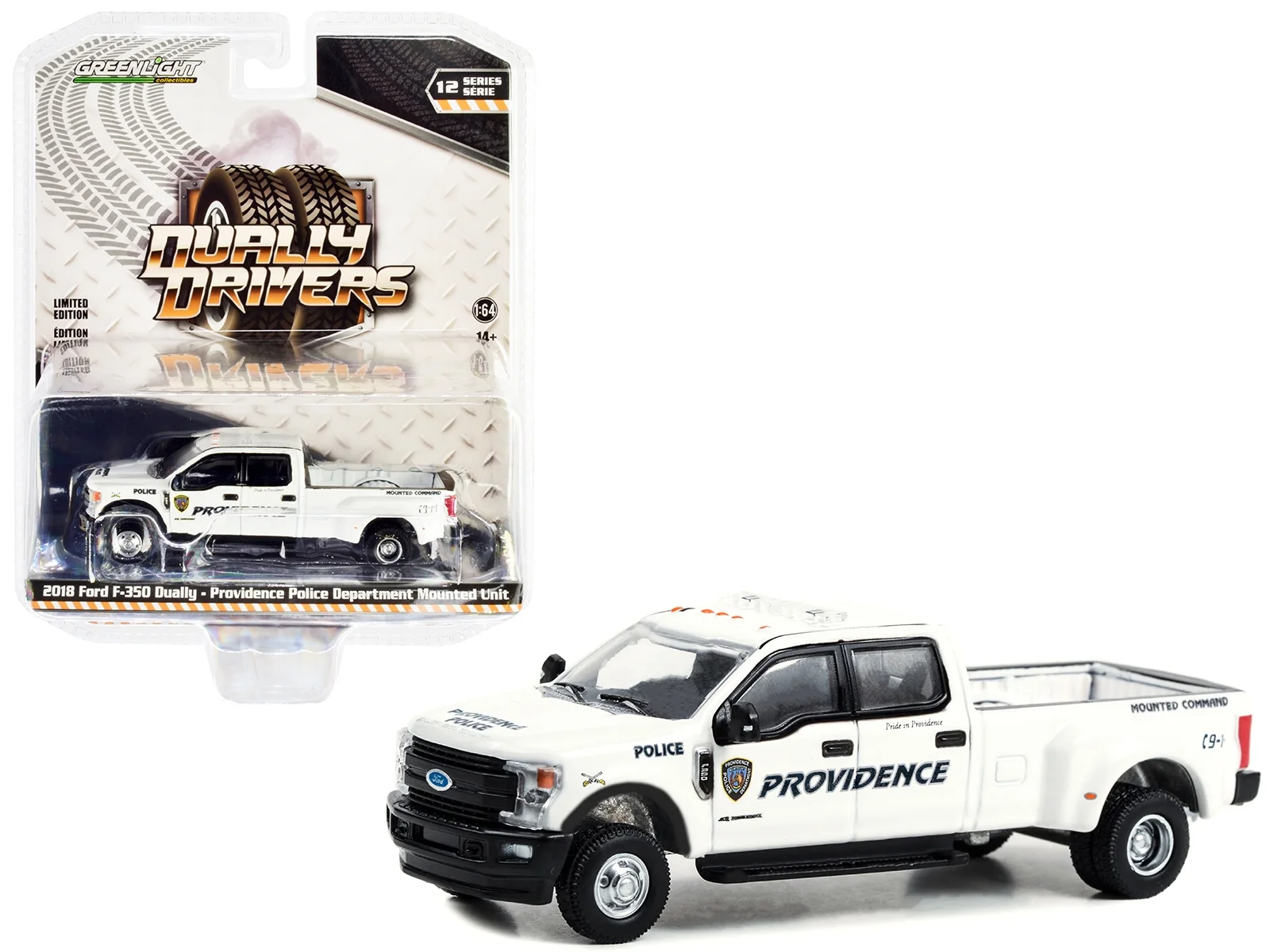 Greenlight 1/64 Dually Drivers Series 12- Providence Police Department Mounted Unit, Mounted Command - Providence, Rhode Island - 2018 Ford F-350 Dually 46120-E