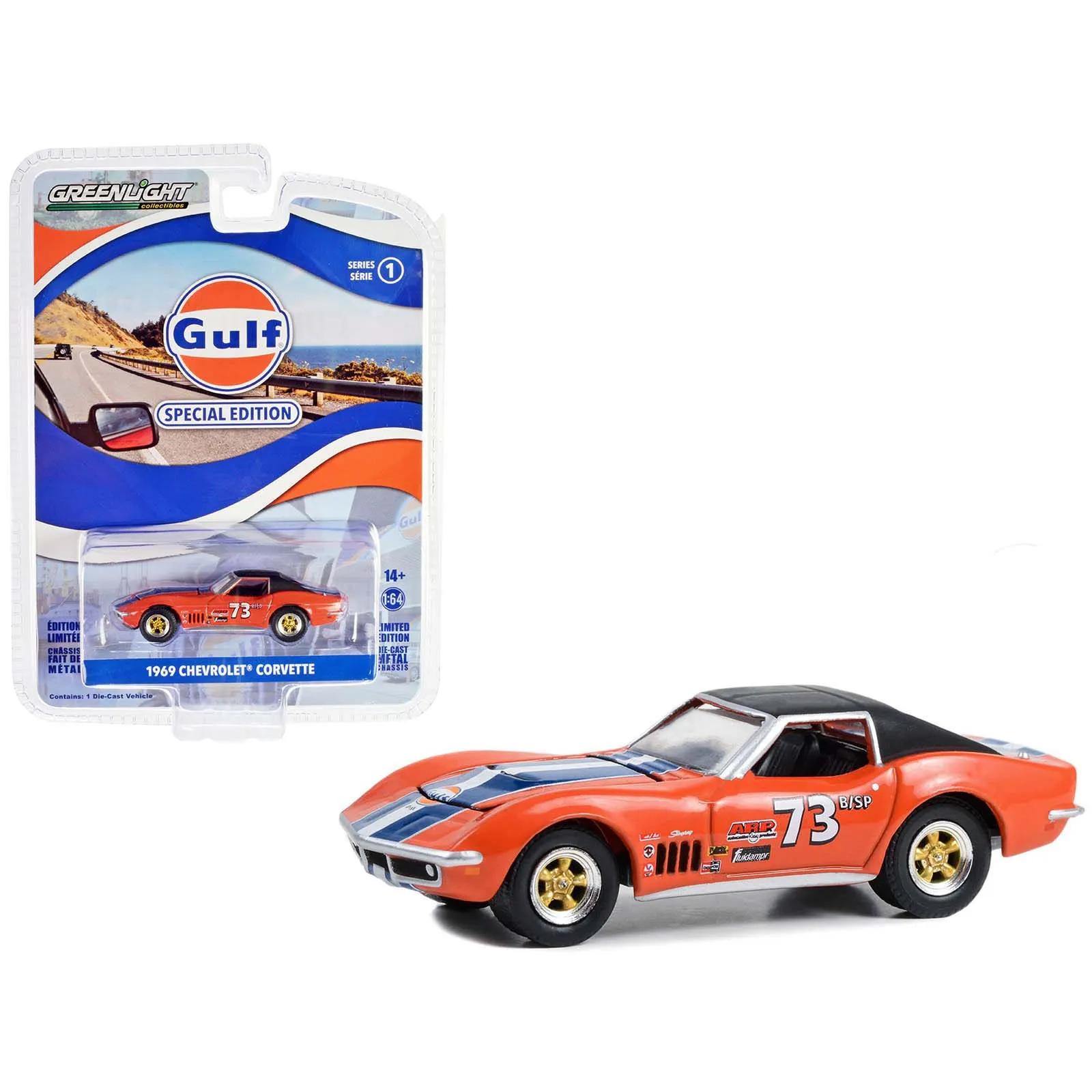 Greenlight 1/64 Gulf Oil Special Edition Series 1- 1969 Chevy Corvette #73 41135-B - Thumbnail