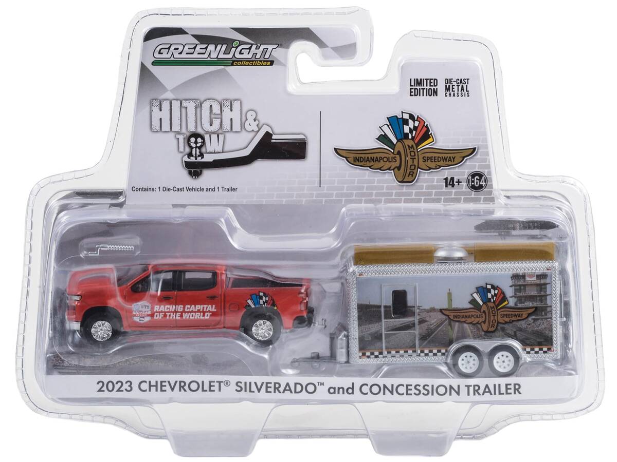 Greenlight 1/64 Hitch & Tow - 2023 Chevrolet Silverado and Indianapolis Motor Speedway Trailer 30456
