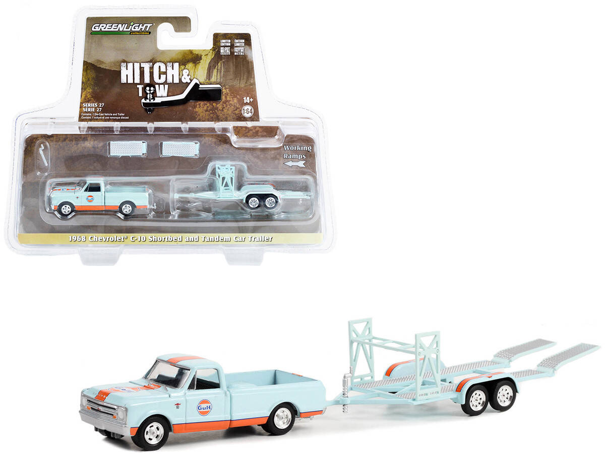 Greenlight 1/64 Hitch & Tow Series 27 - 1968 Chevrolet C-10 Shortbed Gulf Oil and Gulf Oil Tandem Car Trailer Solid Pack 32270-A