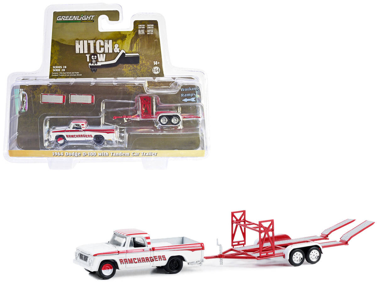 Greenlight 1/64 Hitch & Tow Series 28 - 1964 Dodge D-100 RAMCHARGERS with Tandem Car Trailer - RAMCHARGERS Solid Pack 32280-A