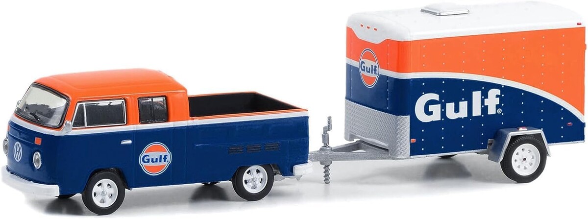 Greenlight 1/64 Hitch & Tow Series 28- 1975 T2 Type 2 Double Cab Pick-Up Truck Blue and Orange with Small Cargo Trailer 32280-B - Thumbnail