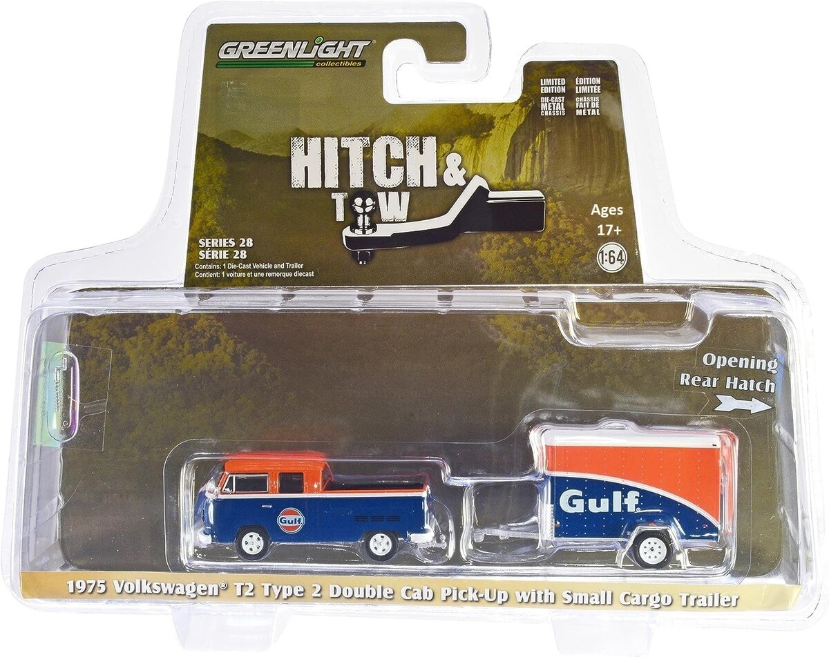 Greenlight 1/64 Hitch & Tow Series 28- 1975 T2 Type 2 Double Cab Pick-Up Truck Blue and Orange with Small Cargo Trailer 32280-B - Thumbnail