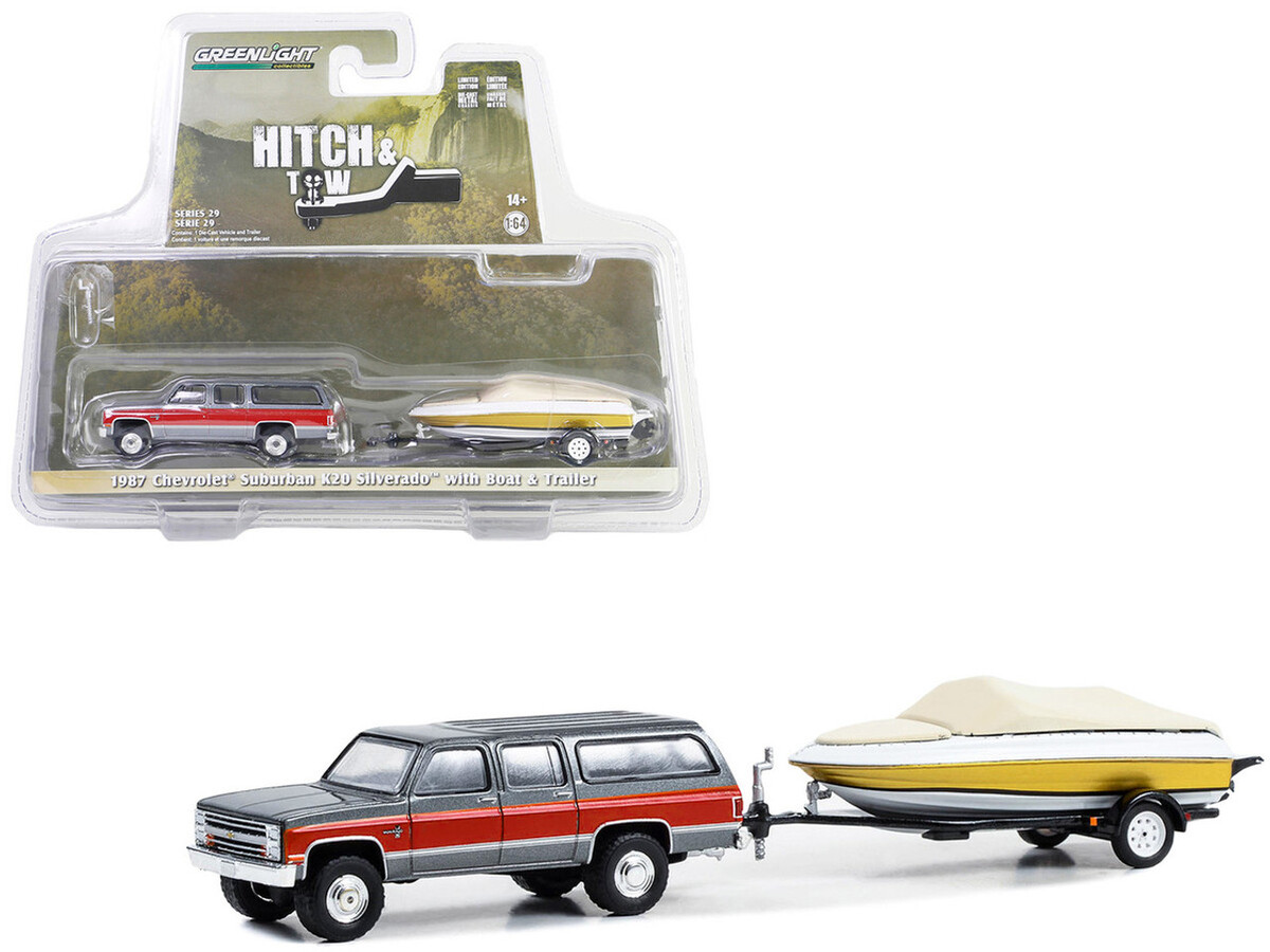 Greenlight 1/64 Hitch & Tow Series 29- 1987 Chevrolet Suburban K20 Silverado with Boat and Boat Trailer 32290-B - Thumbnail