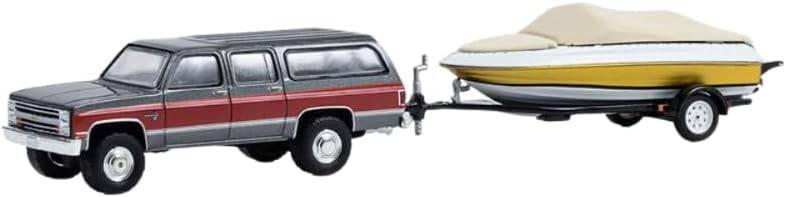 Greenlight 1/64 Hitch & Tow Series 29- 1987 Chevrolet Suburban K20 Silverado with Boat and Boat Trailer 32290-B