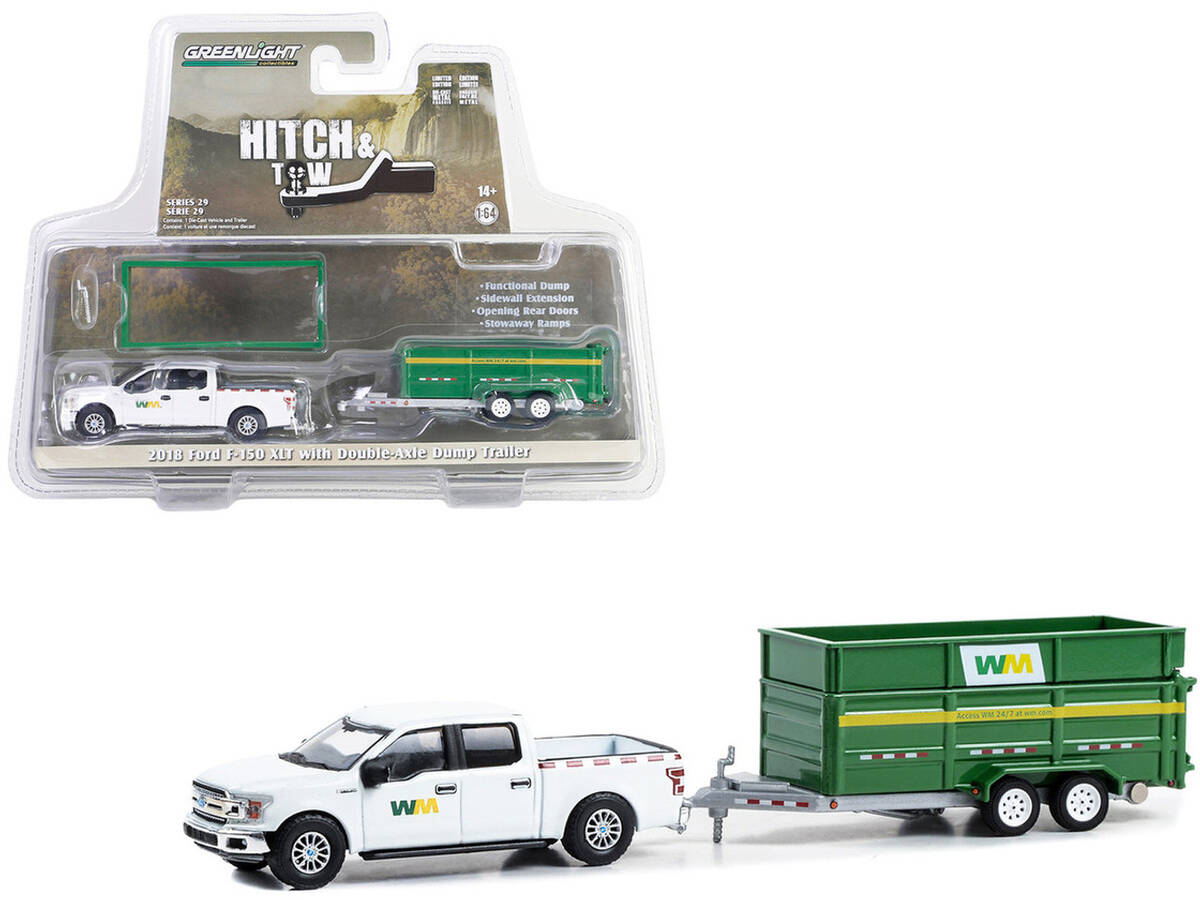 Greenlight 1/64 Hitch & Tow Series 29- 2018 Ford F-150 SuperCrew - Waste Management with Double-Axle Dump Trailer 32290-C
