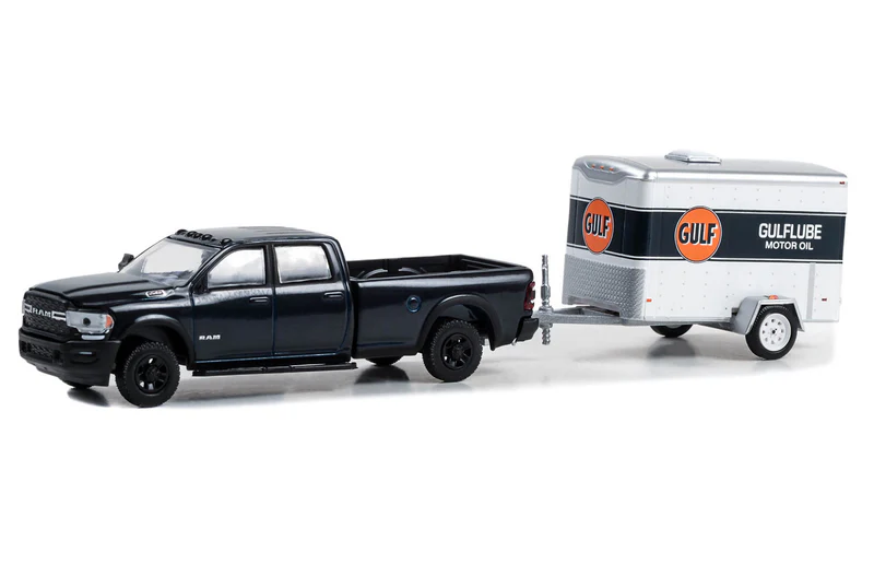 Greenlight 1/64 Hitch & Tow Series 29- 2023 Ram 2500 - Gulf Oil with Small Gulflube Motor Oil Cargo Trailer 32290-D - Thumbnail