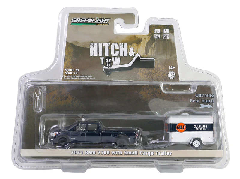 Greenlight 1/64 Hitch & Tow Series 29- 2023 Ram 2500 - Gulf Oil with Small Gulflube Motor Oil Cargo Trailer 32290-D