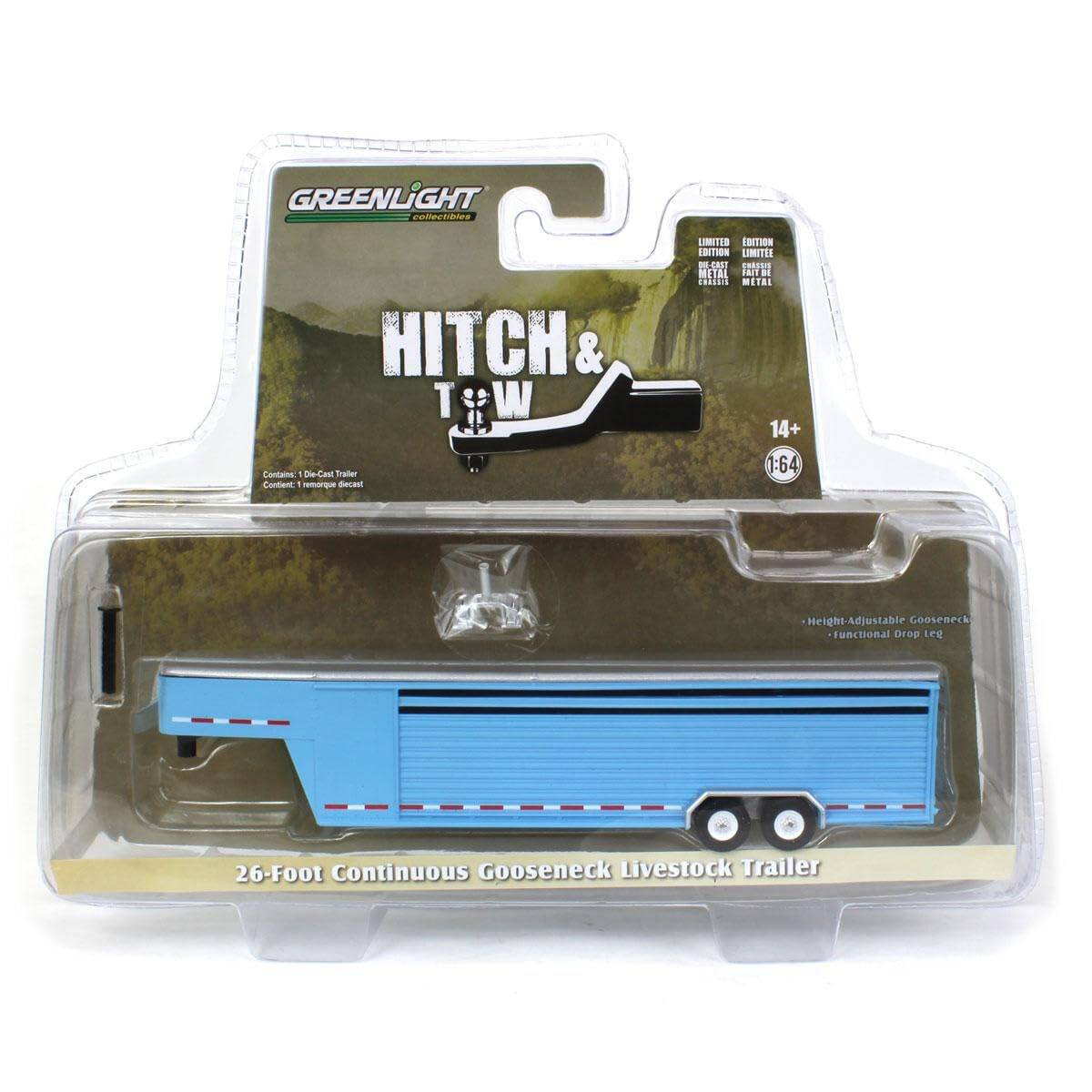 Greenlight 1:64 Hitch & Tow Trailers - 26-Foot Continuous Gooseneck Livestock Trailer - Light Blue (Hobby Exclusive) 30422