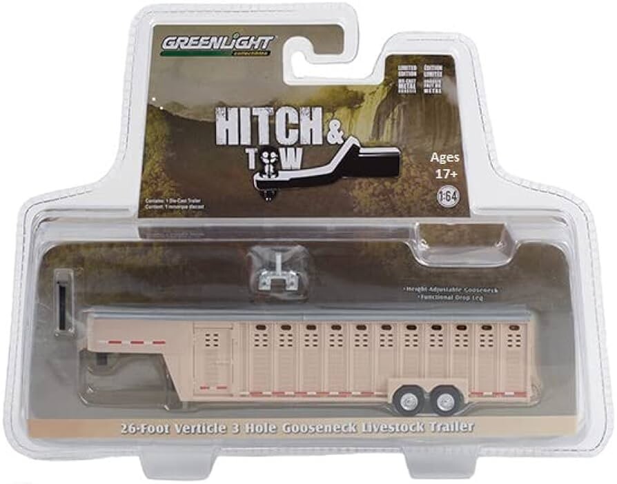 Greenlight 1:64 Hitch & Tow Trailers - 26-Foot Vertical Three Hole Gooseneck Livestock Trailer - Beige (Hobby Exclusive) 30420 - Thumbnail