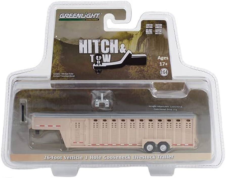 Greenlight 1:64 Hitch & Tow Trailers - 26-Foot Vertical Three Hole Gooseneck Livestock Trailer - Beige (Hobby Exclusive) 30420