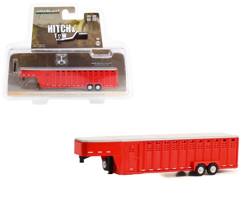 Greenlight 1:64 Hitch & Tow Trailers - 26-Foot Vertical Three Hole Gooseneck Livestock Trailer - Red (Hobby Exclusive) 30421 - Thumbnail