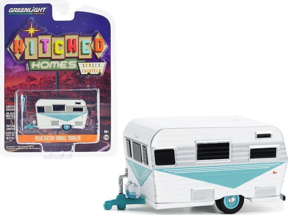 Greenlight 1/64 Hitched Homes Series 14- 1958 Siesta Travel Trailer - Teal, White and Polished Silver 34140-B