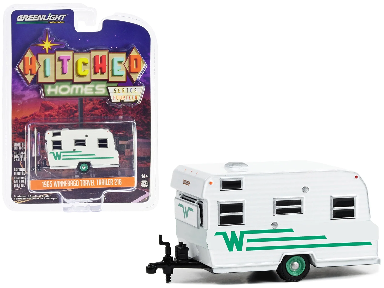 Greenlight 1/64 Hitched Homes Series 14- 1965 Winnebago Travel Trailer 216 - White with Green Stripe 34140-C
