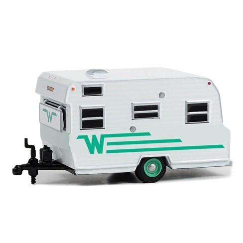 Greenlight 1/64 Hitched Homes Series 14- 1965 Winnebago Travel Trailer 216 - White with Green Stripe 34140-C - Thumbnail