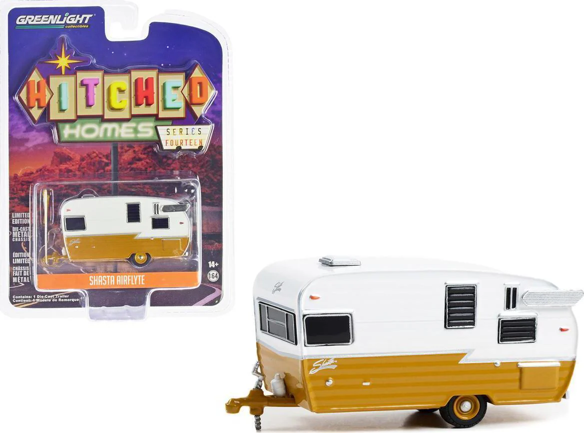 Greenlight 1/64 Hitched Homes Series 14- Shasta Airflyte - Butterscotch and White 34140-F