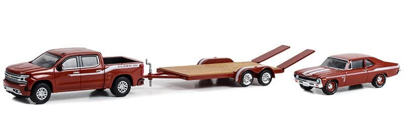 Greenlight 1/64 Hollywood Hitch & Tow Series 12- 2020 Chevrolet Silverado High Country with 1969 Chevrolet Nova Yenko SC 427 on Flatbed Trailer - Counting Cars 31160-C - Thumbnail