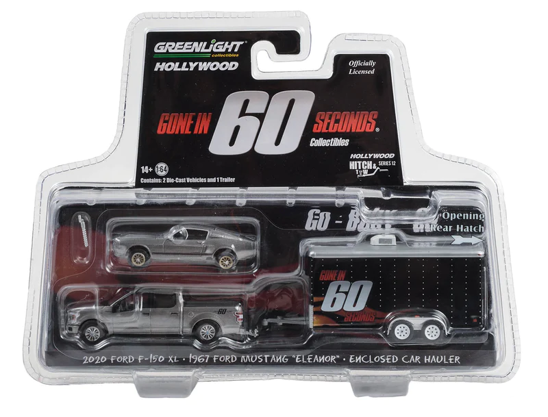 Greenlight 1/64 Hollywood Hitch & Tow Series 12 - Gone in Sixty Seconds (2000) - 2020 Ford F-150 XL with STX Package with 1967 Custom Ford Mustang “Eleanor” (Damaged) in Enclosed Car Hauler Solid Pack 31160-A