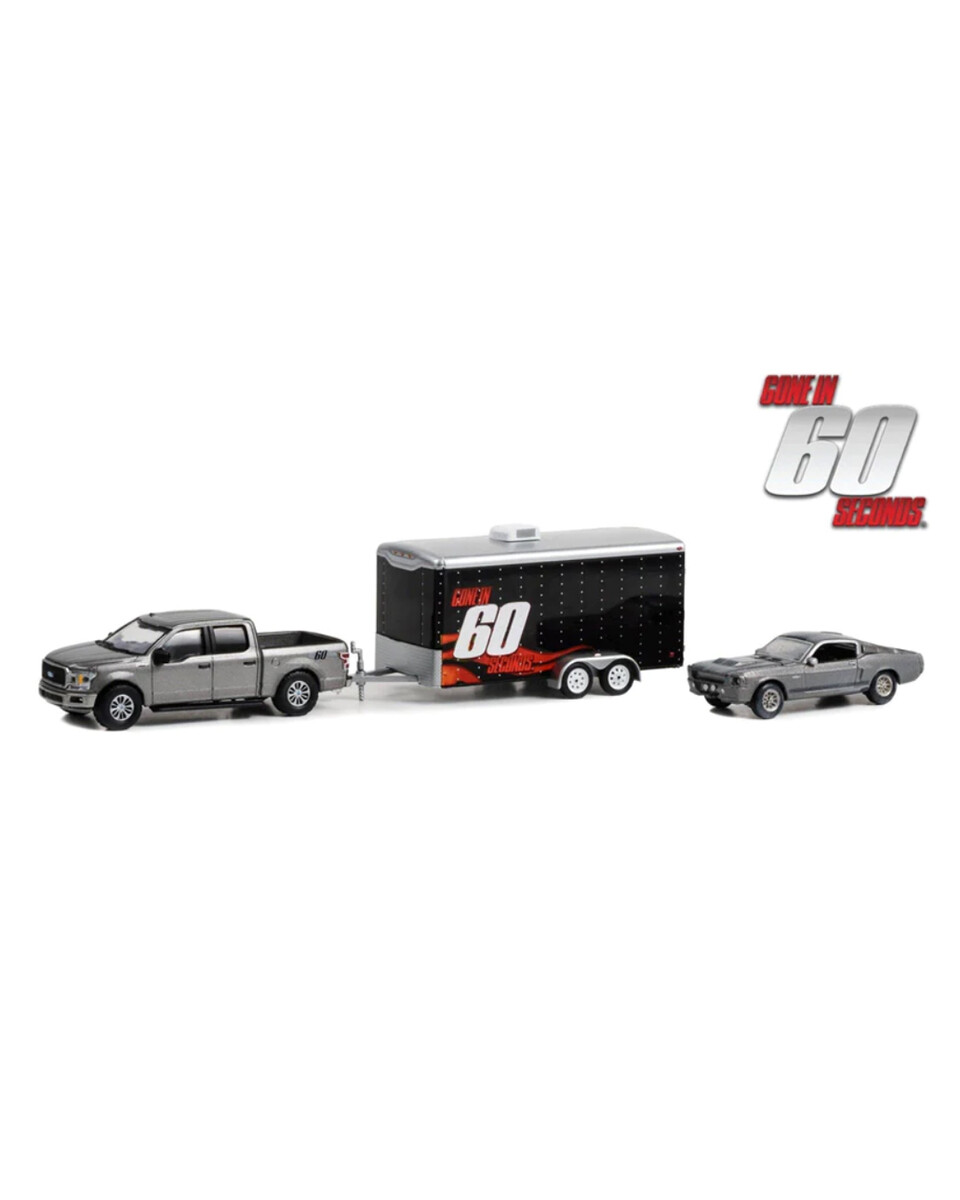 Greenlight 1/64 Hollywood Hitch & Tow Series 12 - Gone in Sixty Seconds (2000) - 2020 Ford F-150 XL with STX Package with 1967 Custom Ford Mustang “Eleanor” (Damaged) in Enclosed Car Hauler Solid Pack 31160-A - Thumbnail