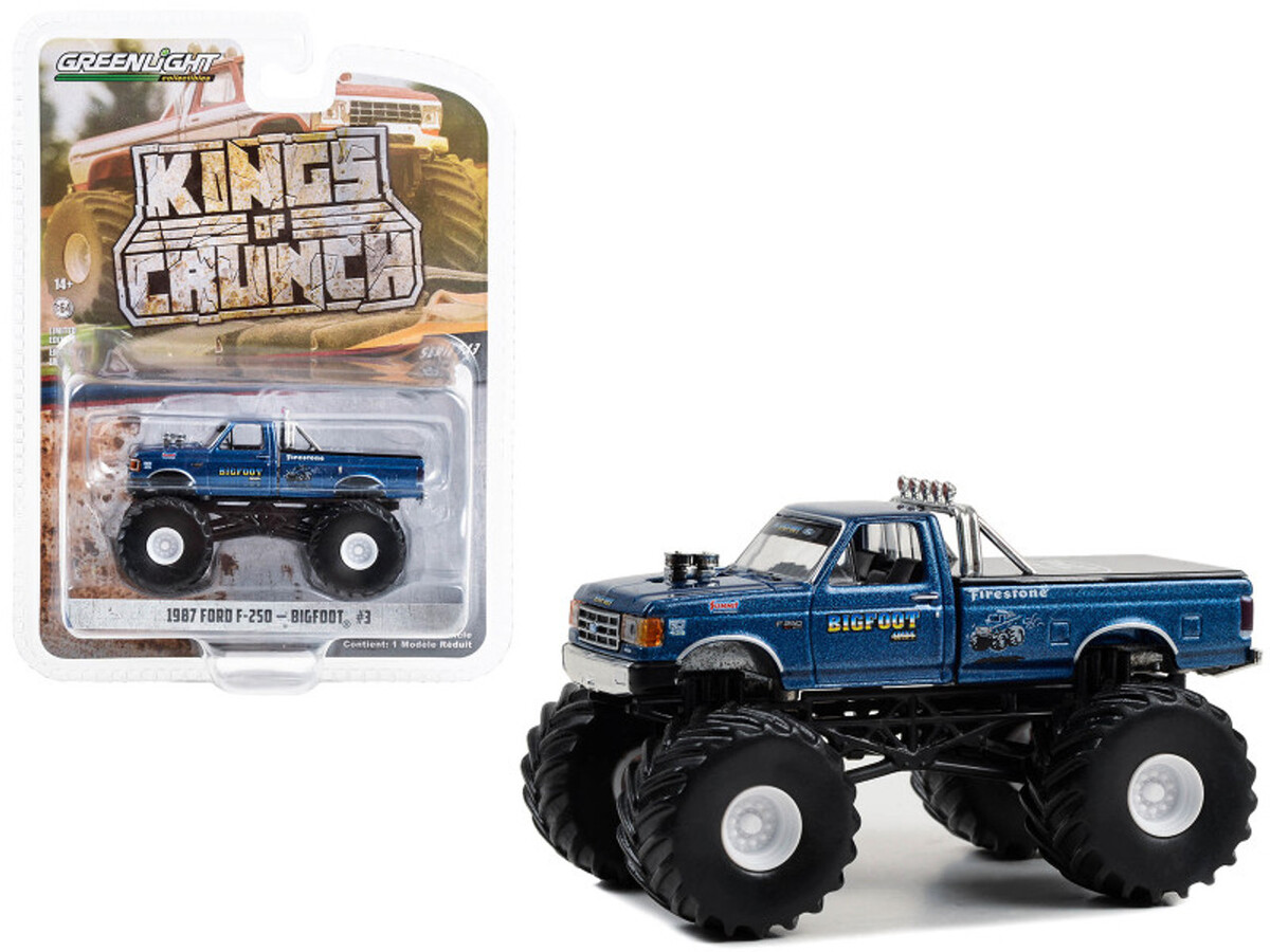 Greenlight 1/64 Kings of Crunch Series 13- 1987 F-250 Monster Truck Blue Metallic Bigfoot #3 49130-D - Thumbnail
