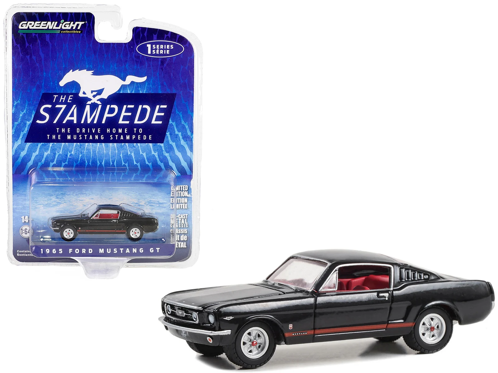 Greenlight 1/64 The Drive Home to the Mustang Stampede Series 1 - 1965 Ford Mustang GT - Raven Black with Red Stripes Solid Pack 13340-A - Thumbnail