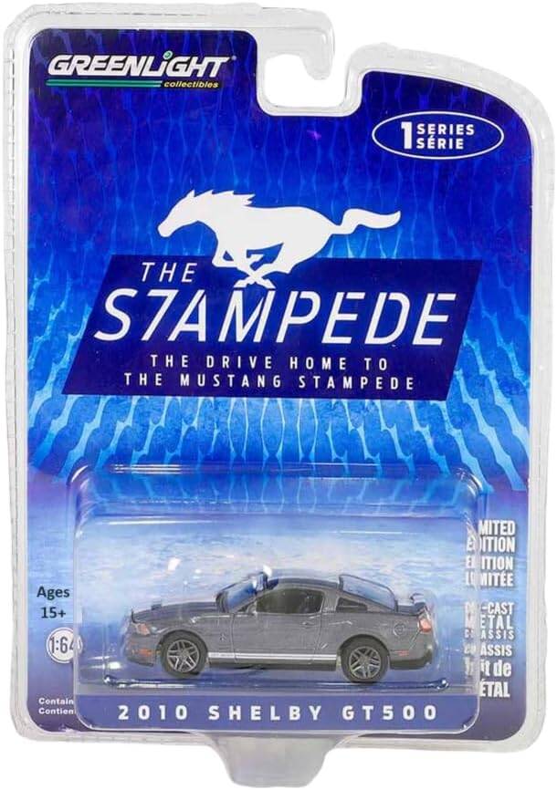 Greenlight 1/64 The Drive Home to the Mustang Stampede Series 1 - 2010 Shelby GT500 - Sterling Grey Metallic with White Stripes Solid Pack 13340-D