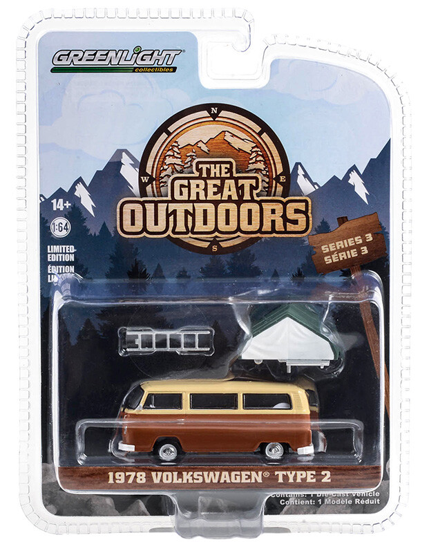 Greenlight 1/64 The Great Outdoors Series 3 - 1978 Volkswagen Type 2 (T2B) - Panama Brown and Dakota Beige with Camp'otel Cartop Sleeper Tent Solid Pack 38050-B - Thumbnail