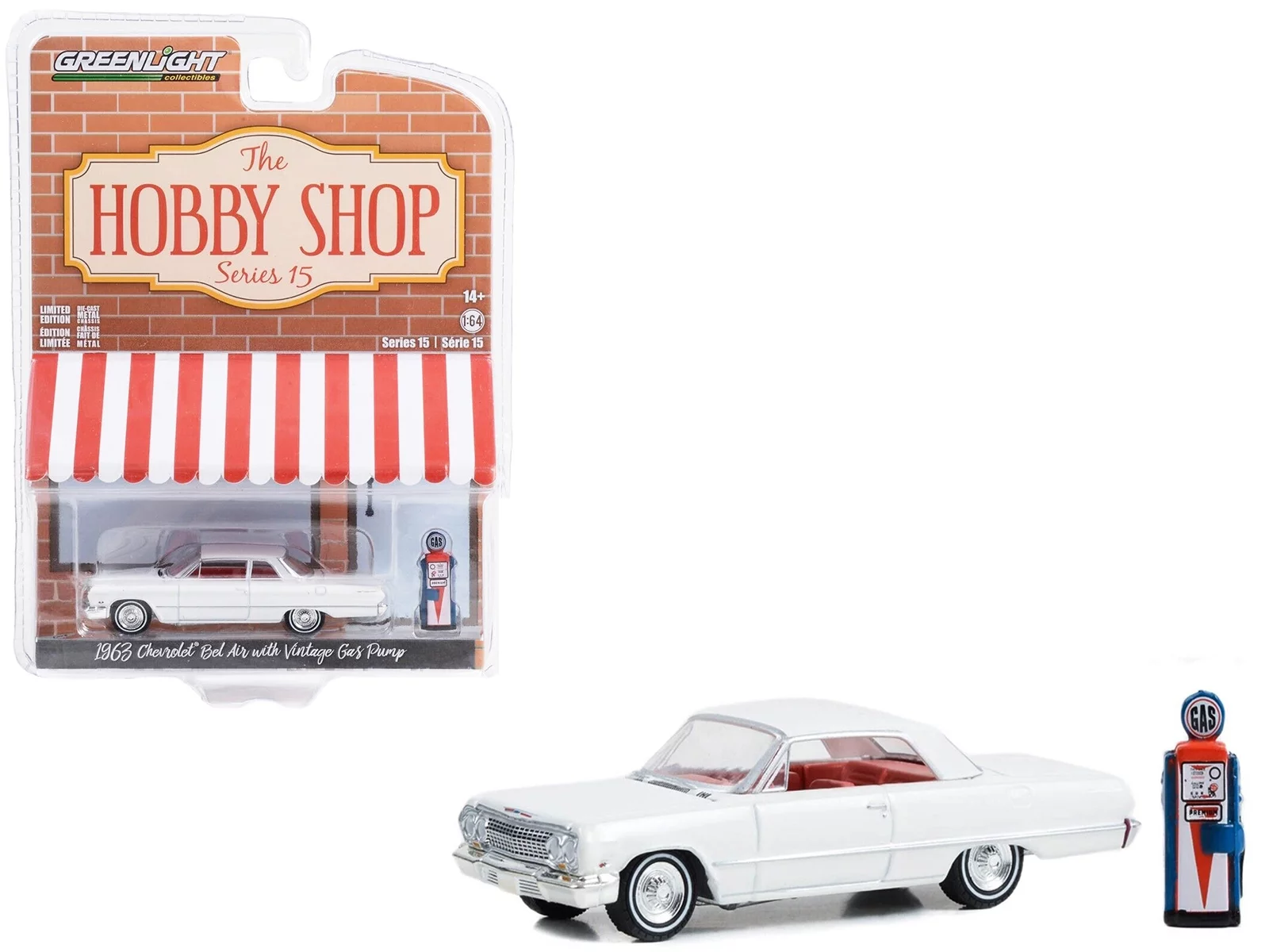 Greenlight 1/64 The Hobby Shop Series 15- 1963 Chevrolet Bel Air with Vintage Gas Pump 97150-A - Thumbnail