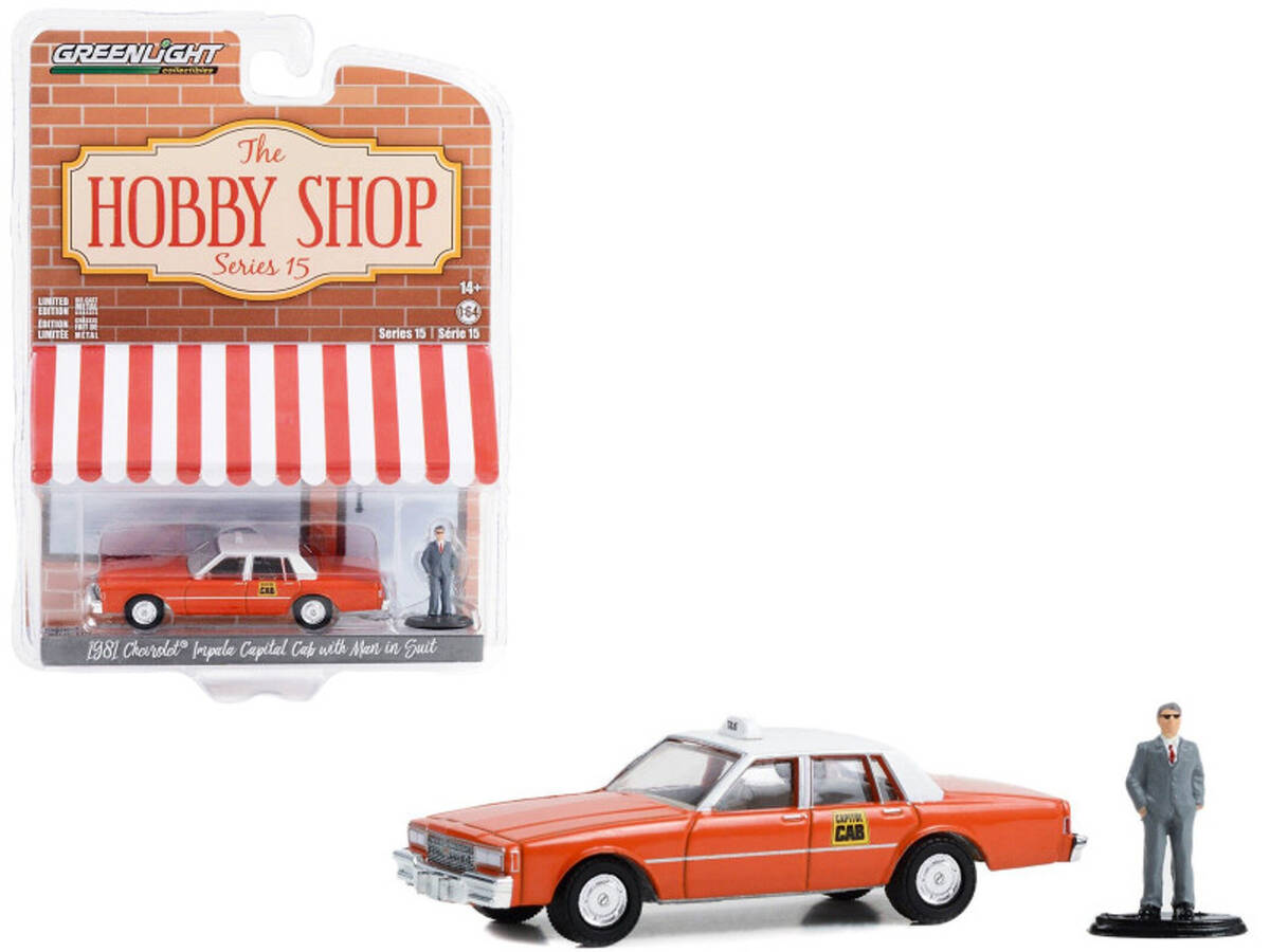 Greenlight 1/64 The Hobby Shop Series 15- 1981 Chevrolet Impala Capitol Cab Taxi with Man in Suit 97150-B