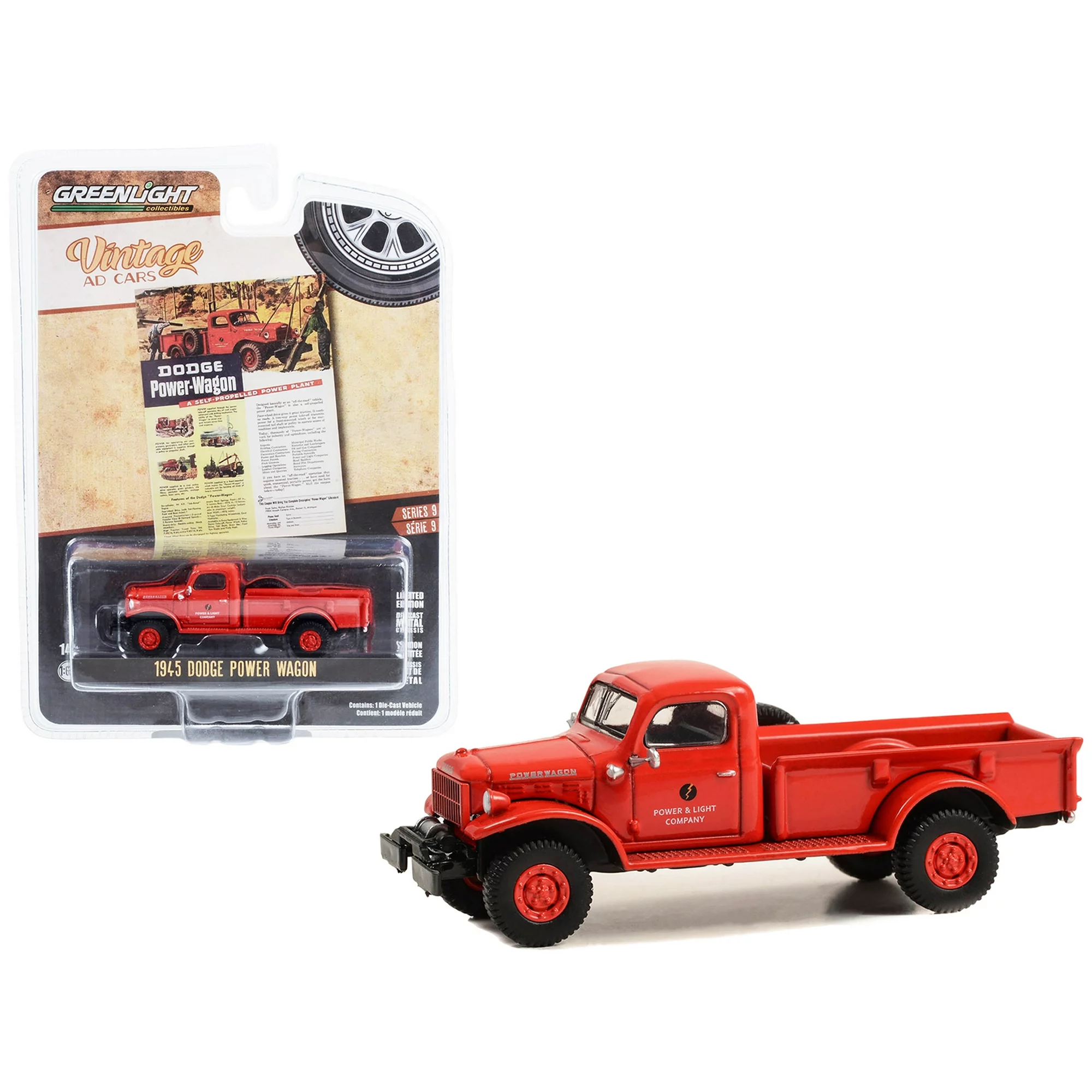 Greenlight 1/64 Vintage Ad Cars Series 9- 1945 Dodge Power Wagon Pickup Truck Red 39130-A - Thumbnail