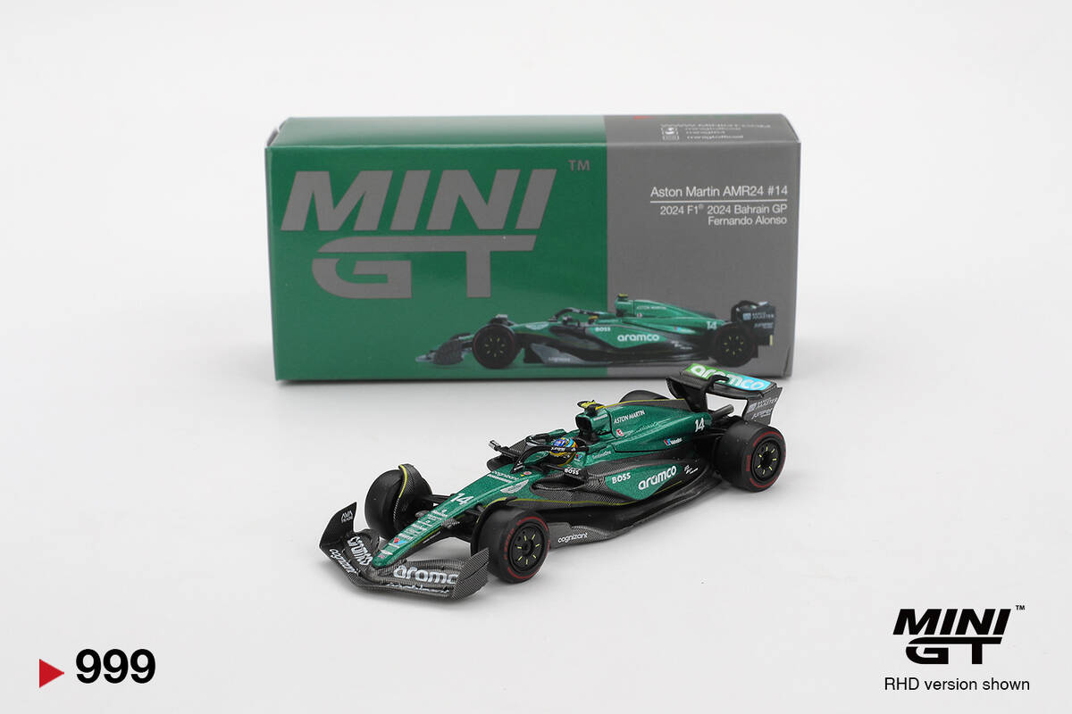 (ÖN SATIŞ) Mini GT 1/64 Aston Martin AMR24 #14 Fernando Alonso 2024 F1 2024 Bahrain GP MGT00999