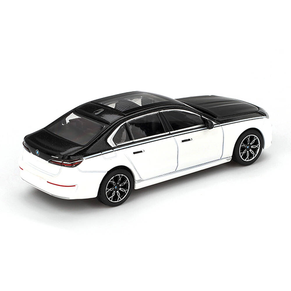 (ÖN SATIŞ) Mini GT 1/64 BMW i7 xDrive60 Alpine White / Black Sapphire - Blister Paket MGT00959-BL