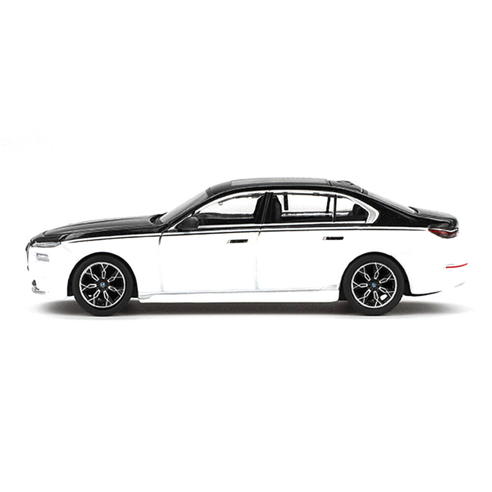 (ÖN SATIŞ) Mini GT 1/64 BMW i7 xDrive60 Alpine White / Black Sapphire - Blister Paket MGT00959-BL