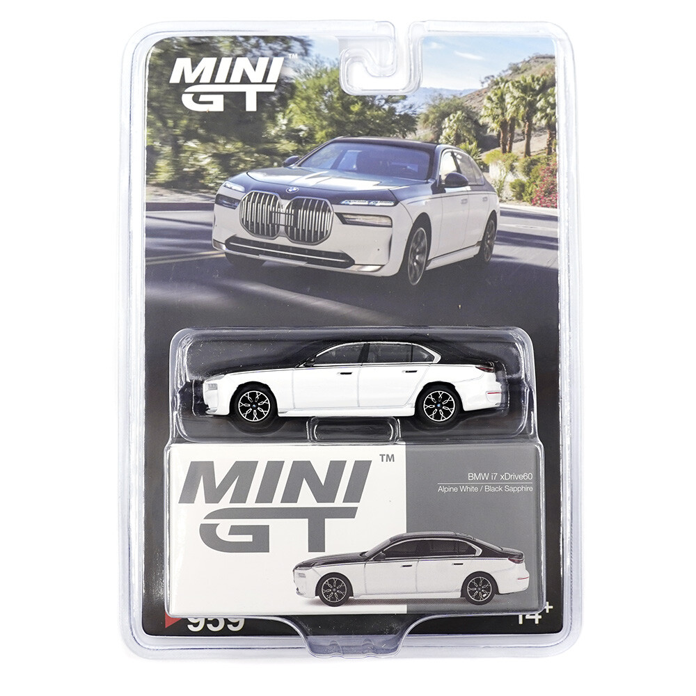 (ÖN SATIŞ) Mini GT 1/64 BMW i7 xDrive60 Alpine White / Black Sapphire - Blister Paket MGT00959-BL - Thumbnail